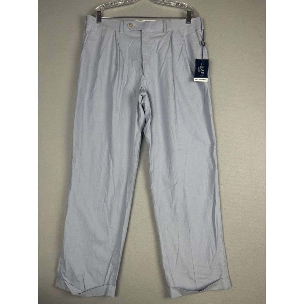 Chaps Suit Pants Mens 36x30 Blue Stripe 100% Cotton Pleated Cuffed Dress Summer